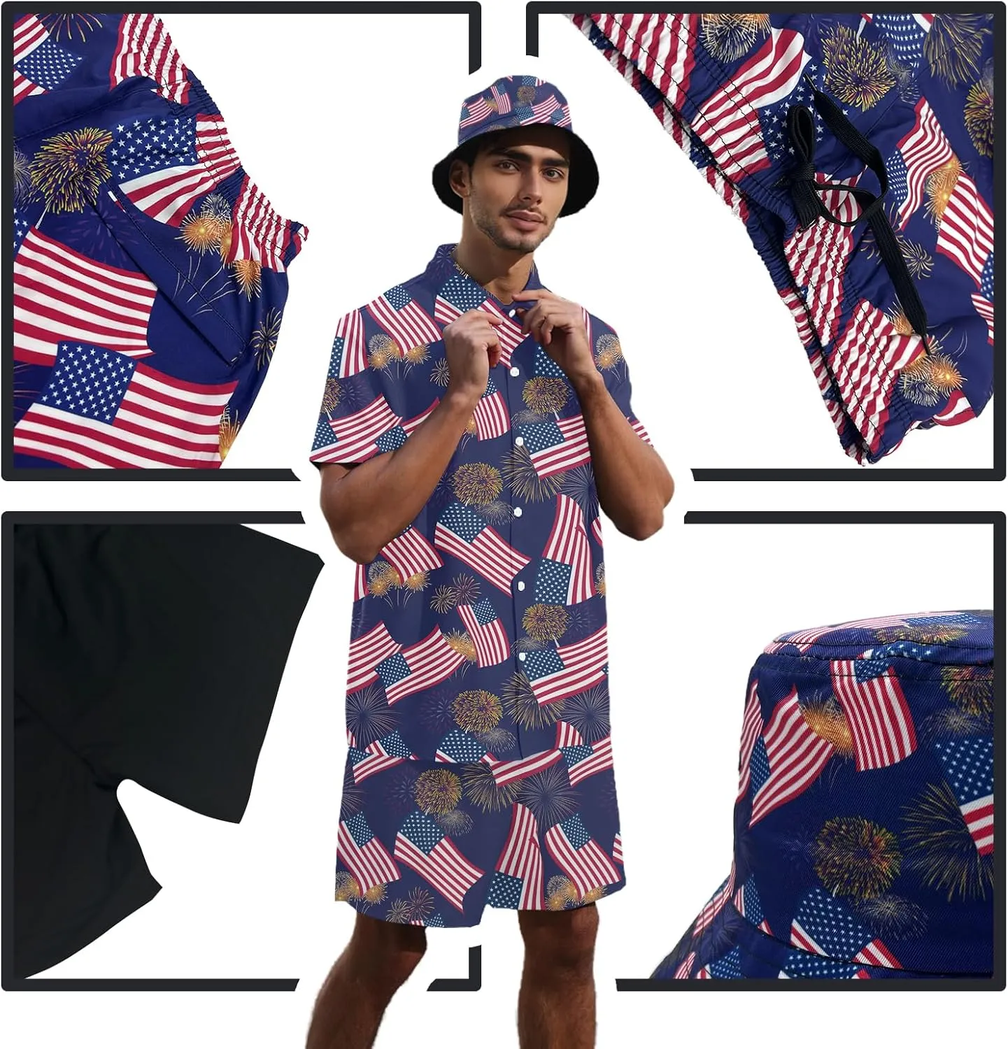 Men's Hawaiian Shirt and Shorts Set 2 Piece Beach Outfits with Bucket Hats for Beach Days and Summer Vibes