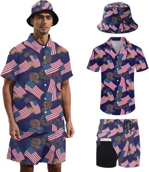 Men's Hawaiian Shirt and Shorts Set 2 Piece Beach Outfits with Bucket Hats for Beach Days and Summer Vibes