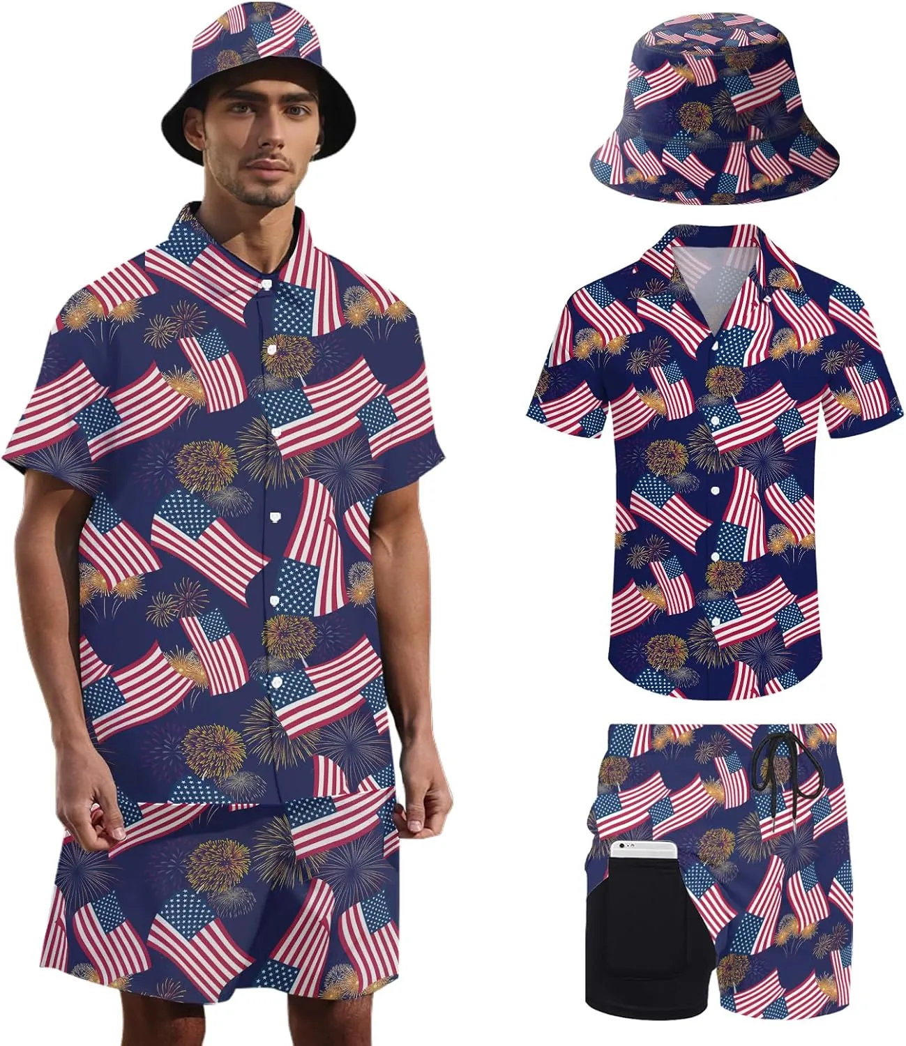Men's Hawaiian Shirt and Shorts Set 2 Piece Beach Outfits with Bucket Hats for Beach Days and Summer Vibes