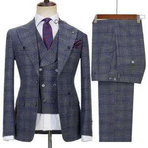Men's Slim Fit Grey Plaid Suit with Double-Breasted Waistcoat | UK