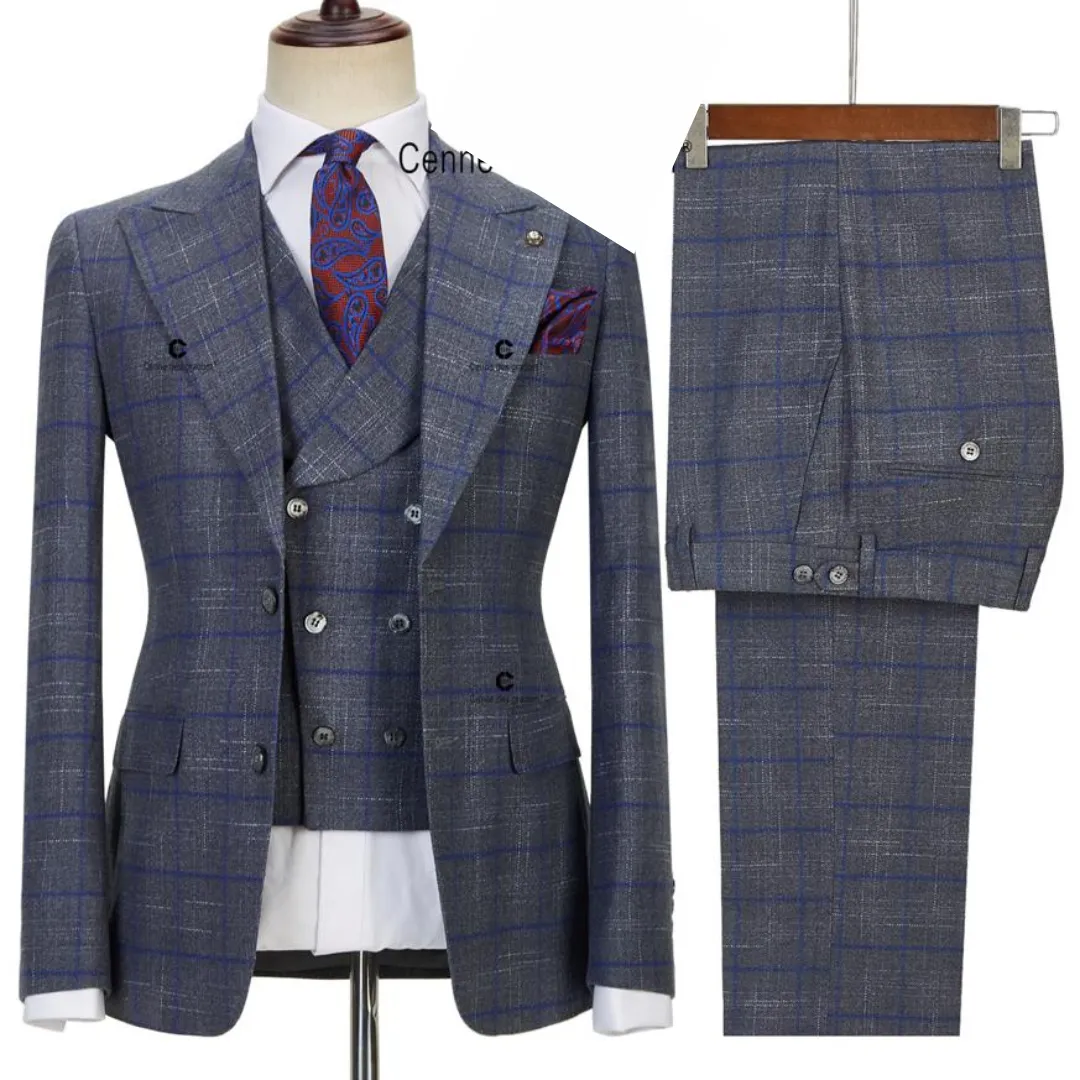 Men's Slim Fit Grey Plaid Suit with Double-Breasted Waistcoat | UK