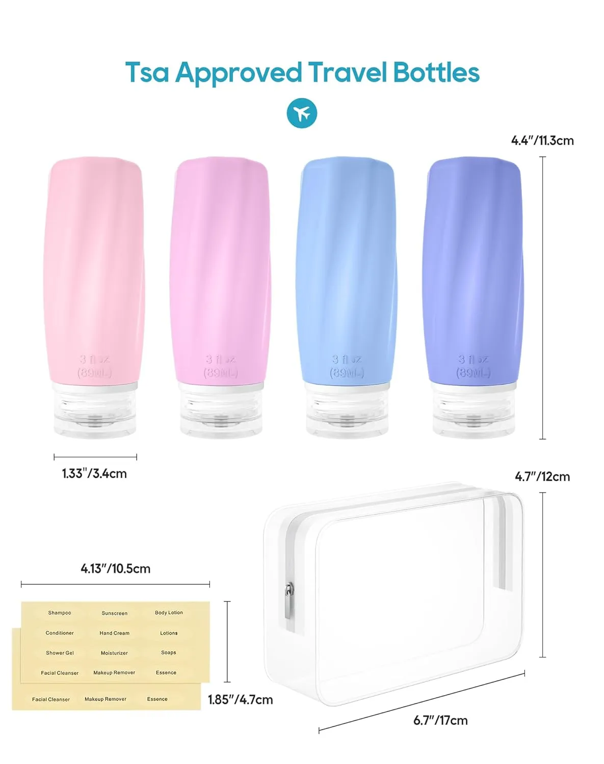 Morfone Travel Bottles for Toiletries, 3oz Tsa Approved Travel Size Containers Leak Proof Squeezable Travel Accessories Refillable for Shampoo Conditioner Lotion Liquids(Blue Pink)