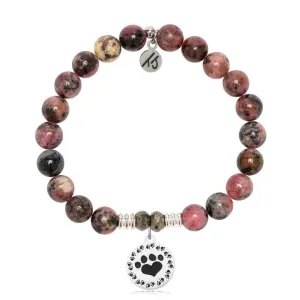 Pink Rhodonite Gemstone Bracelet with Paw Print Sterling Silver Charm