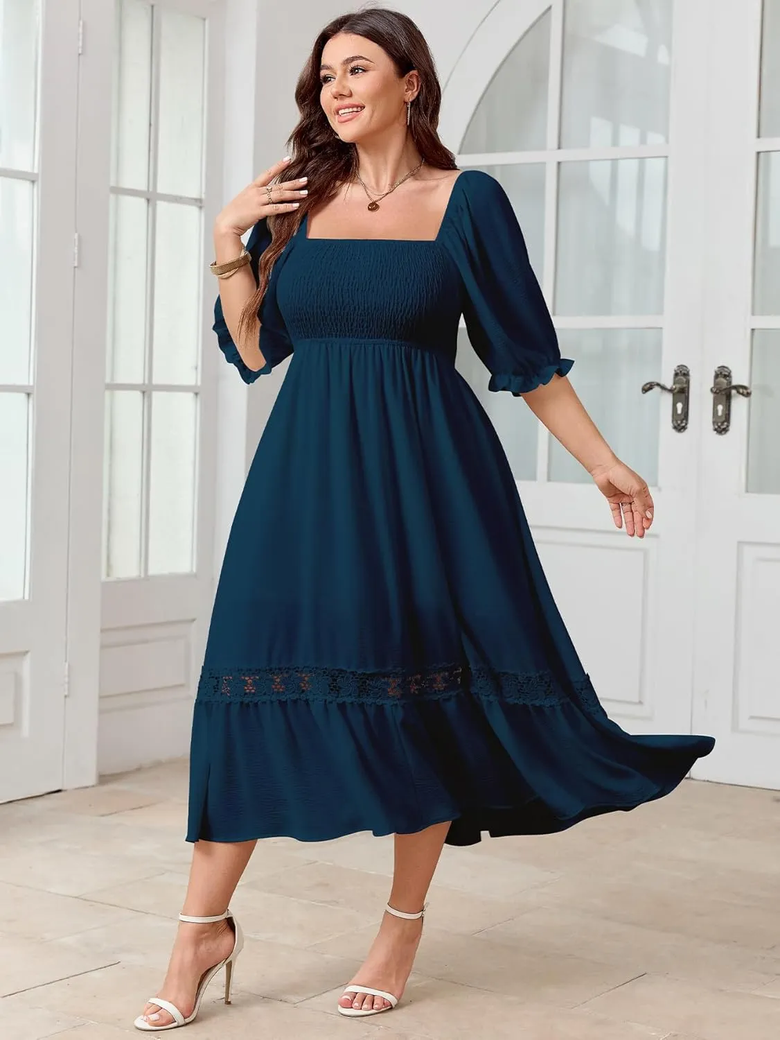 SCOMCHIC Women's Plus Size Maxi Dress Short Sleeve Square Neck Smocked Flowy A-Line Lace Trim Boho Wedding Guest Dresses