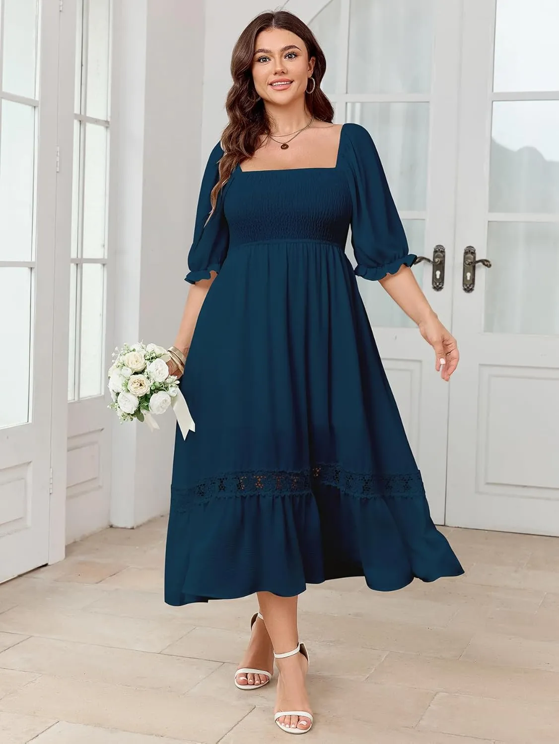SCOMCHIC Women's Plus Size Maxi Dress Short Sleeve Square Neck Smocked Flowy A-Line Lace Trim Boho Wedding Guest Dresses