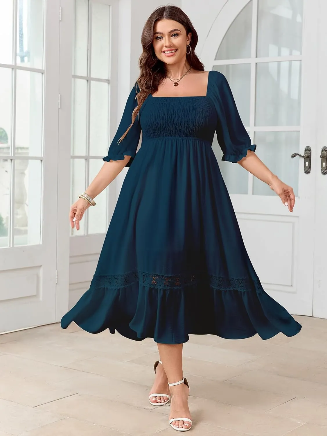 SCOMCHIC Women's Plus Size Maxi Dress Short Sleeve Square Neck Smocked Flowy A-Line Lace Trim Boho Wedding Guest Dresses