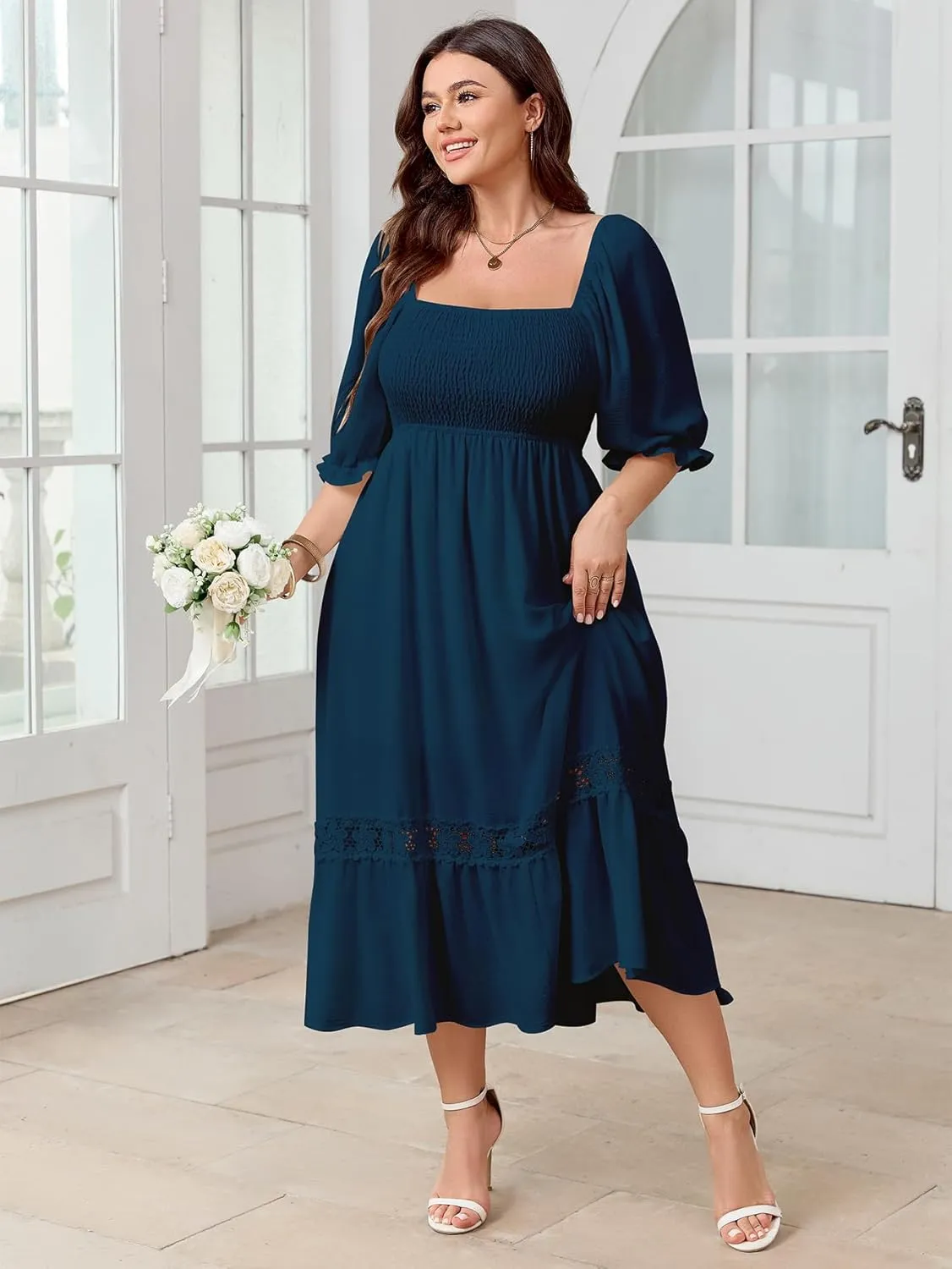 SCOMCHIC Women's Plus Size Maxi Dress Short Sleeve Square Neck Smocked Flowy A-Line Lace Trim Boho Wedding Guest Dresses