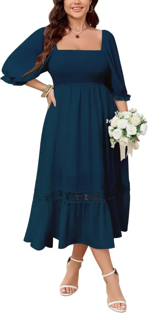 SCOMCHIC Women's Plus Size Maxi Dress Short Sleeve Square Neck Smocked Flowy A-Line Lace Trim Boho Wedding Guest Dresses