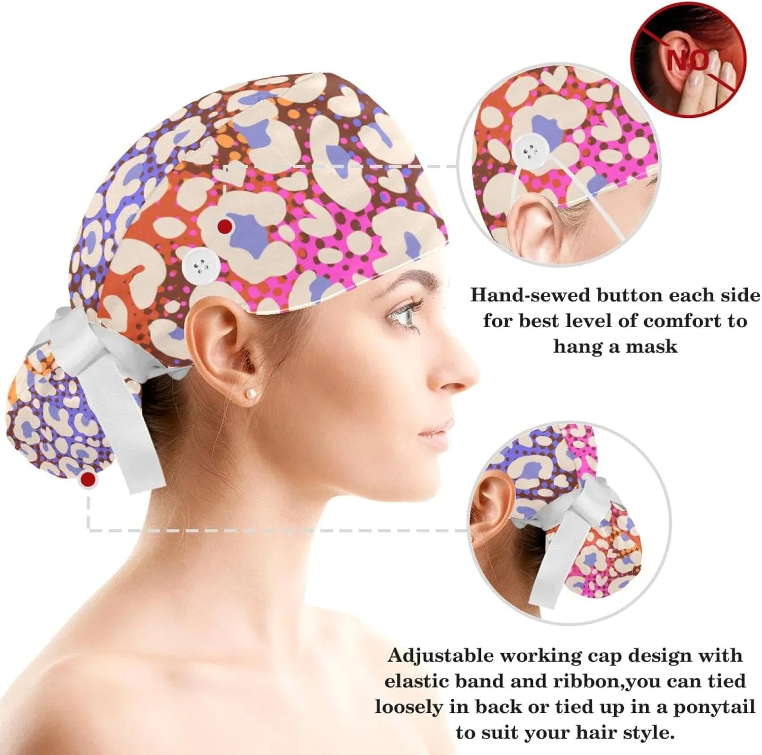 Scrub Cap with Scrunchies, Rainbow Working Hat Hair Cover, Elastic Bandage Tie Back Hats for Women