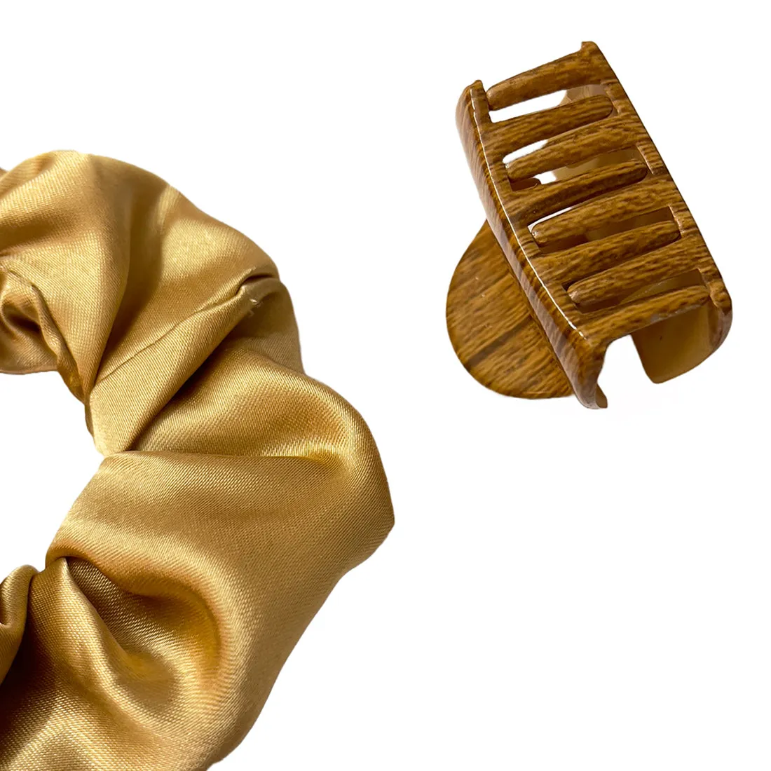 Set Of Two Gold Beige Satin Scrunchie Hair Tie & Hair Clutch