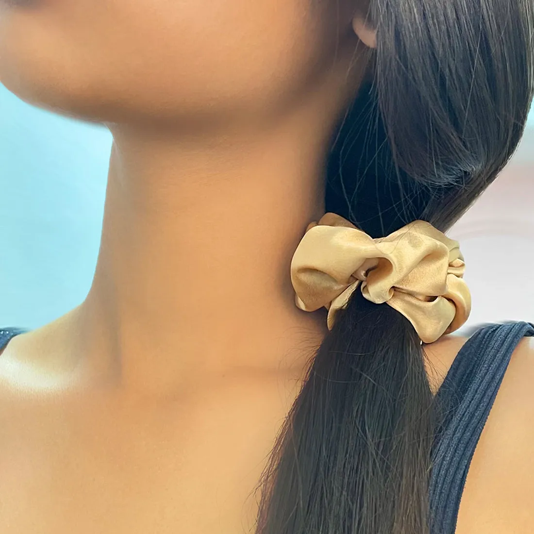 Set Of Two Gold Beige Satin Scrunchie Hair Tie & Hair Clutch