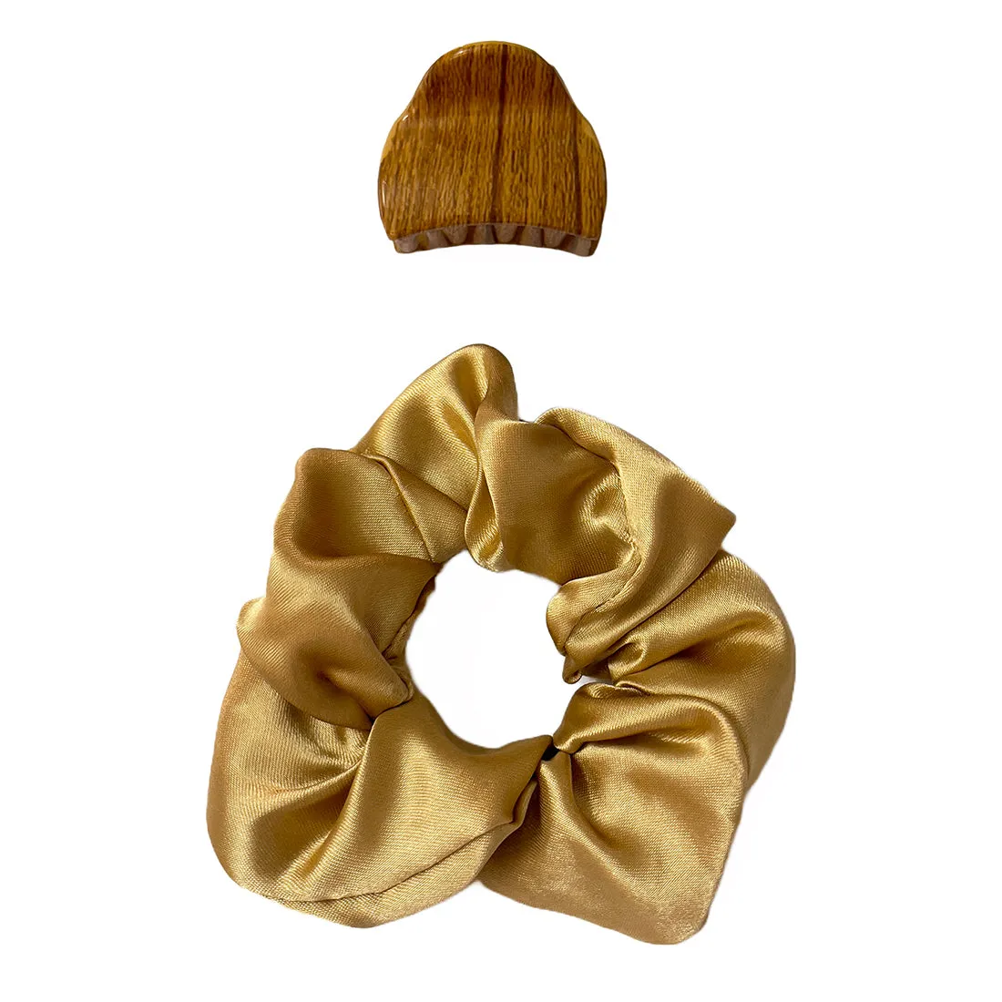 Set Of Two Gold Beige Satin Scrunchie Hair Tie & Hair Clutch