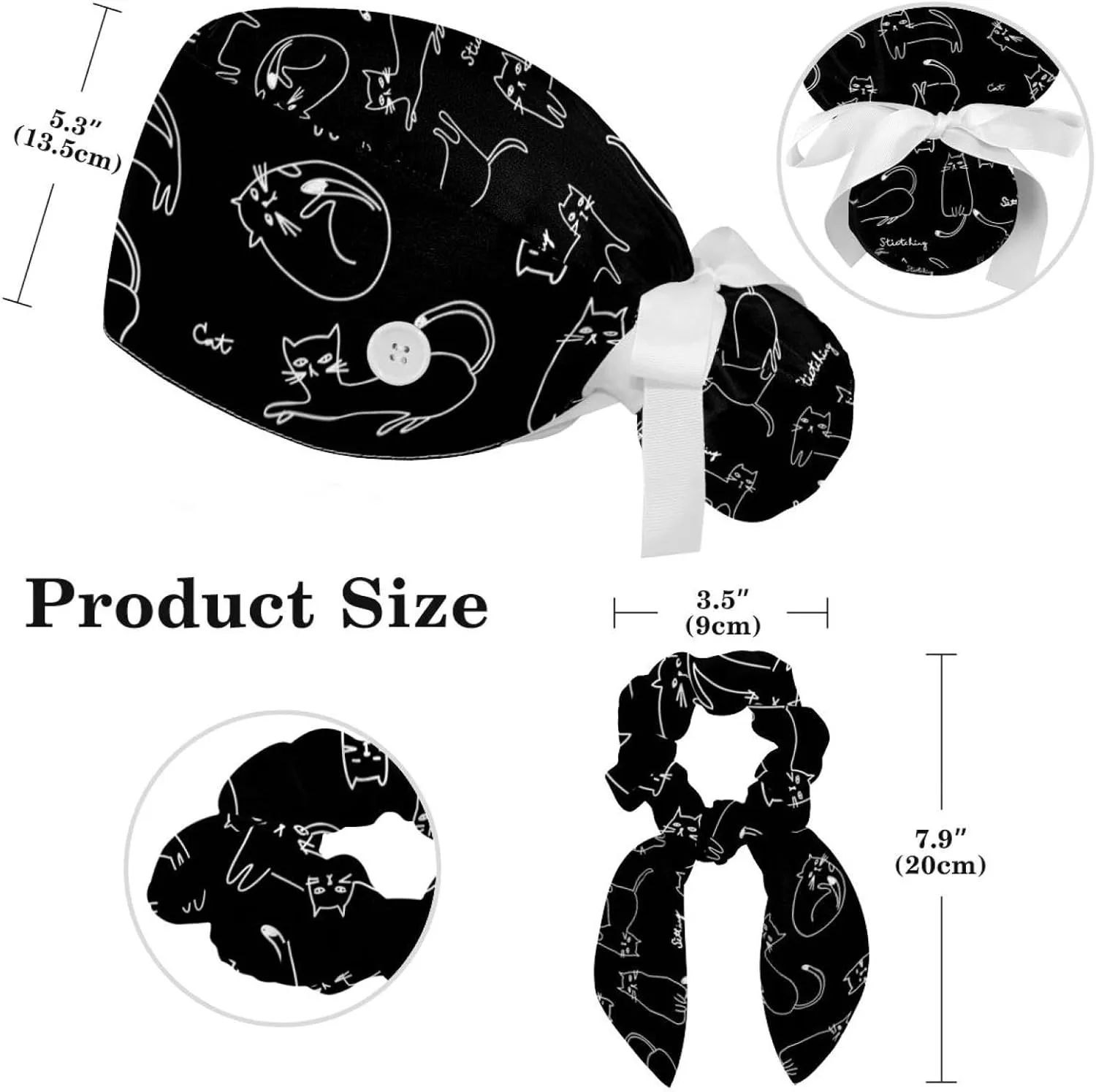 Space Cats Cute Scrub Caps Surgical Women with Button Adjustable Hats Surgical Caps with Scrunchie for Women