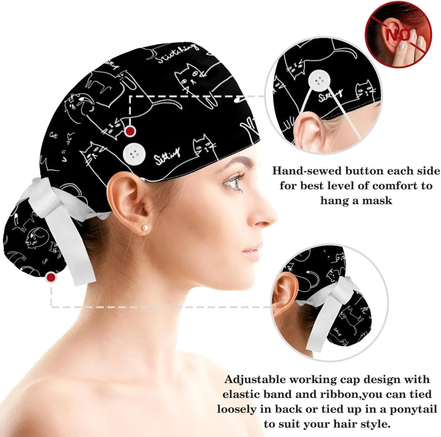 Space Cats Cute Scrub Caps Surgical Women with Button Adjustable Hats Surgical Caps with Scrunchie for Women