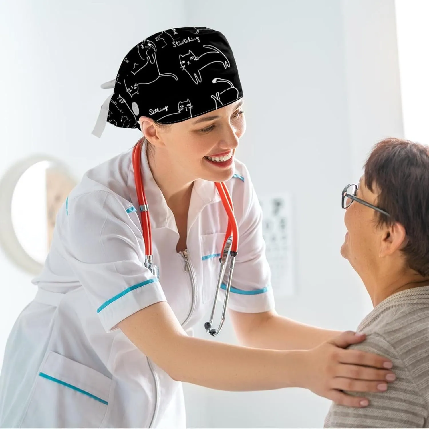 Space Cats Cute Scrub Caps Surgical Women with Button Adjustable Hats Surgical Caps with Scrunchie for Women
