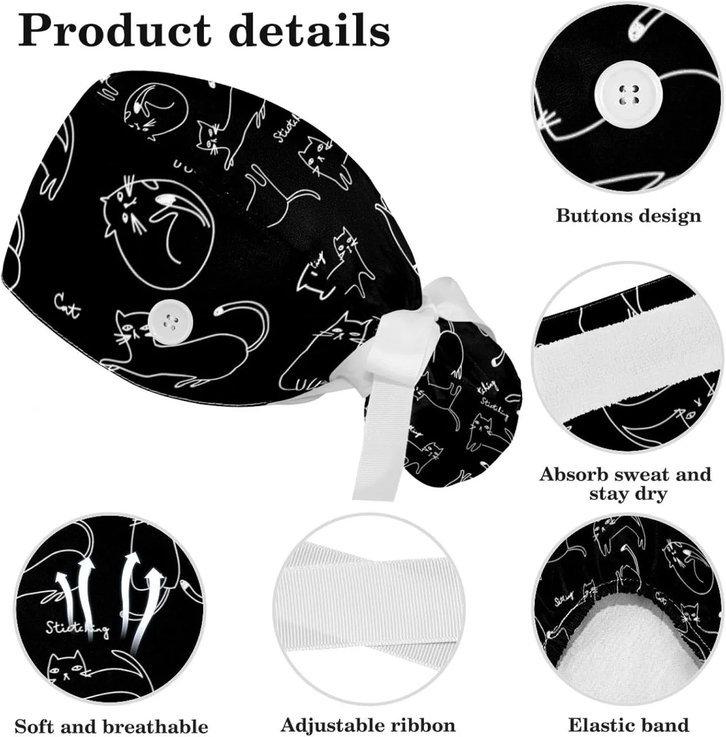 Space Cats Cute Scrub Caps Surgical Women with Button Adjustable Hats Surgical Caps with Scrunchie for Women