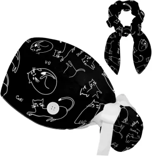 Space Cats Cute Scrub Caps Surgical Women with Button Adjustable Hats Surgical Caps with Scrunchie for Women