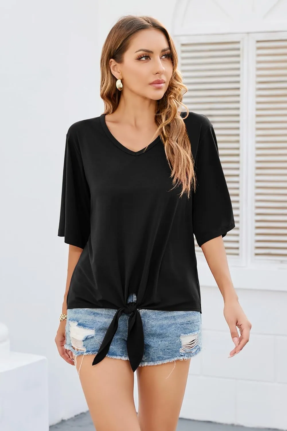 SUEANI Women's Tie Front Tops Summer V Neck 3/4 Bell Sleeve Twist Knot T Shirts