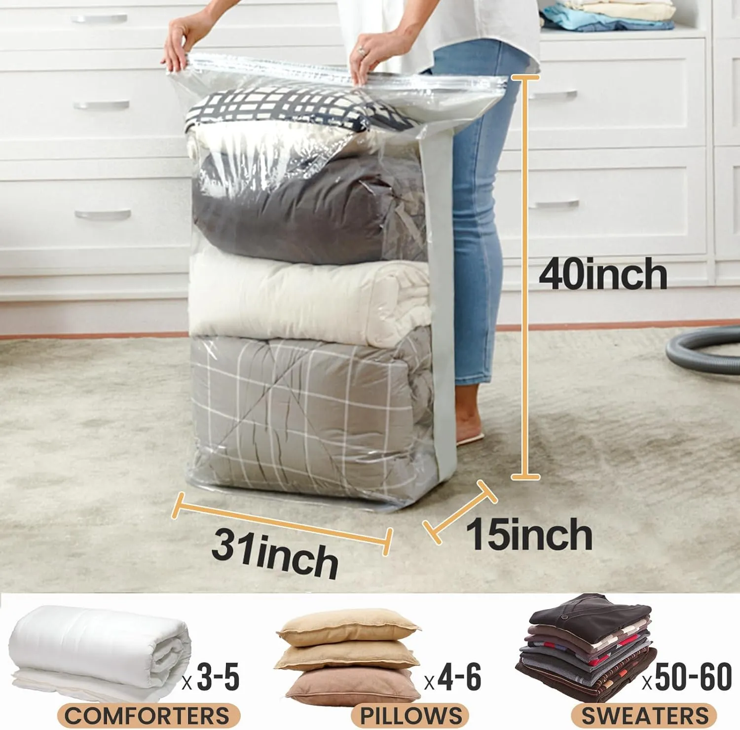 TAILI Vacuum Storage Bags 4 Pack, Space Saver Bags, Jumbo Cube (31x40x15 Inch), Extra Large Vacuum Sealer Bags for Comforters Blankets Bedding Duvet, Closet Organizers, Space Bags Vacuum Storage Bags