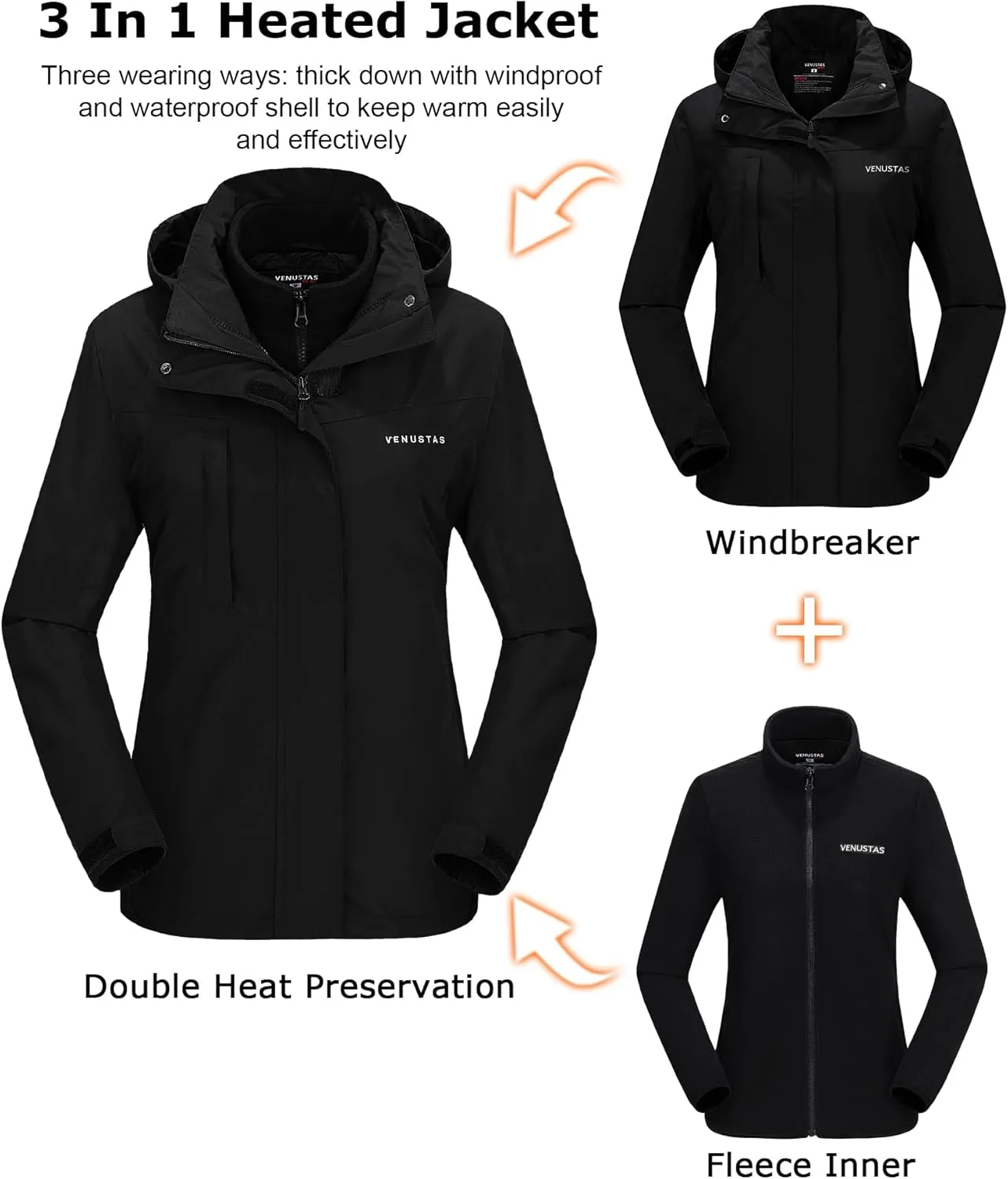 Venustas Womens 3-in-1 Heated Jacket with Battery, Waterproof Jacket with Hood for Skiing