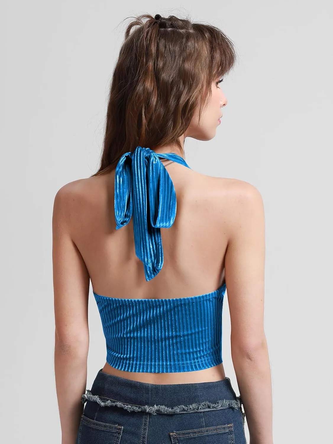 Verdusa Women's Sleeveless Halter Neck Lace Up Front Tie Back Crop Top
