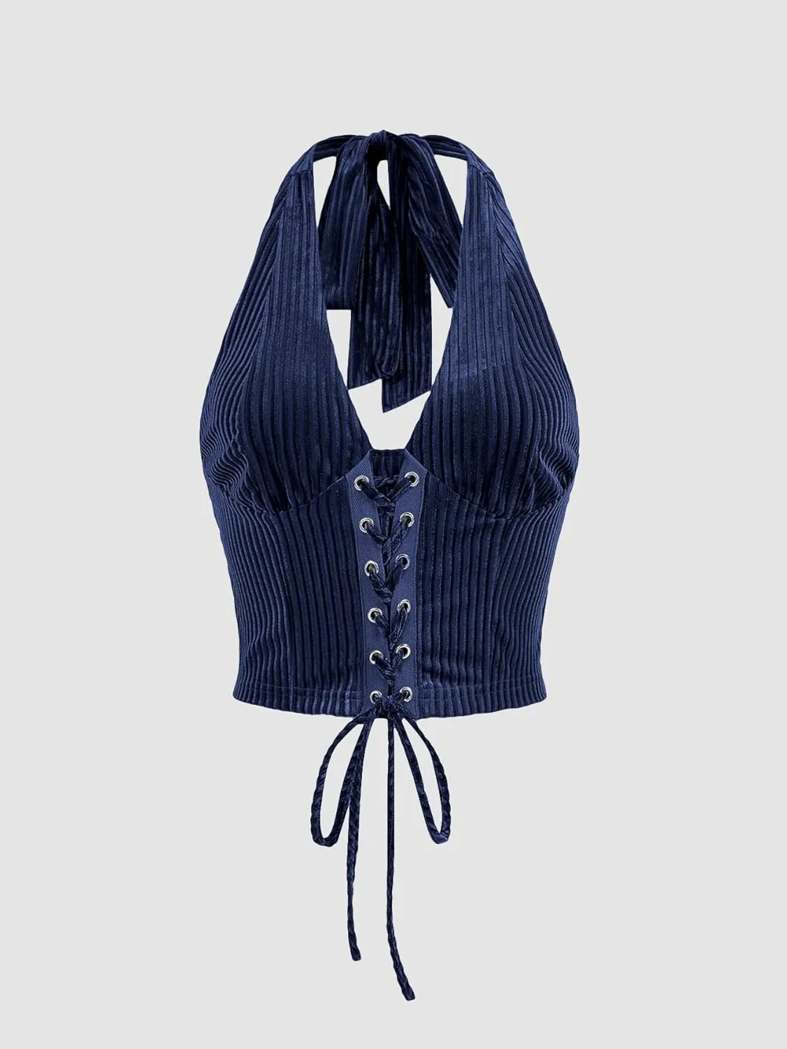 Verdusa Women's Sleeveless Halter Neck Lace Up Front Tie Back Crop Top
