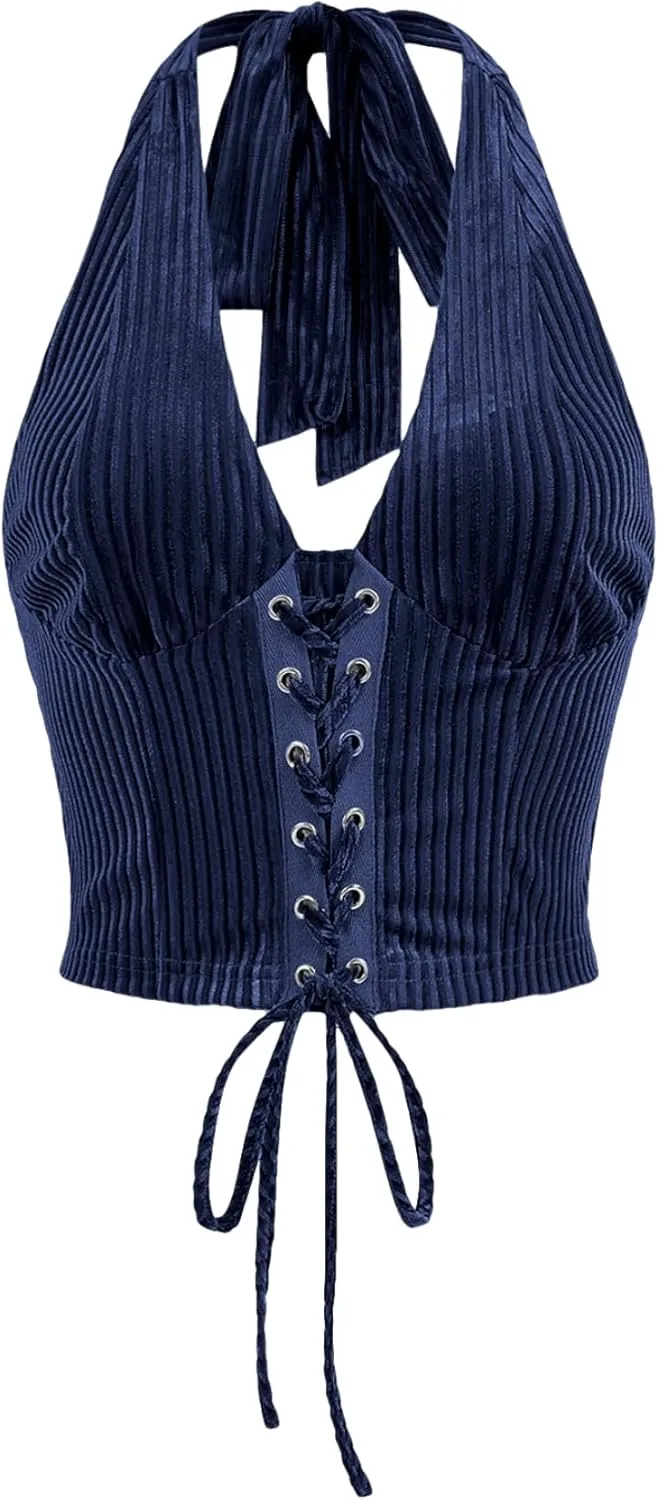 Verdusa Women's Sleeveless Halter Neck Lace Up Front Tie Back Crop Top