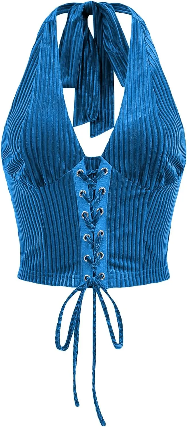Verdusa Women's Sleeveless Halter Neck Lace Up Front Tie Back Crop Top