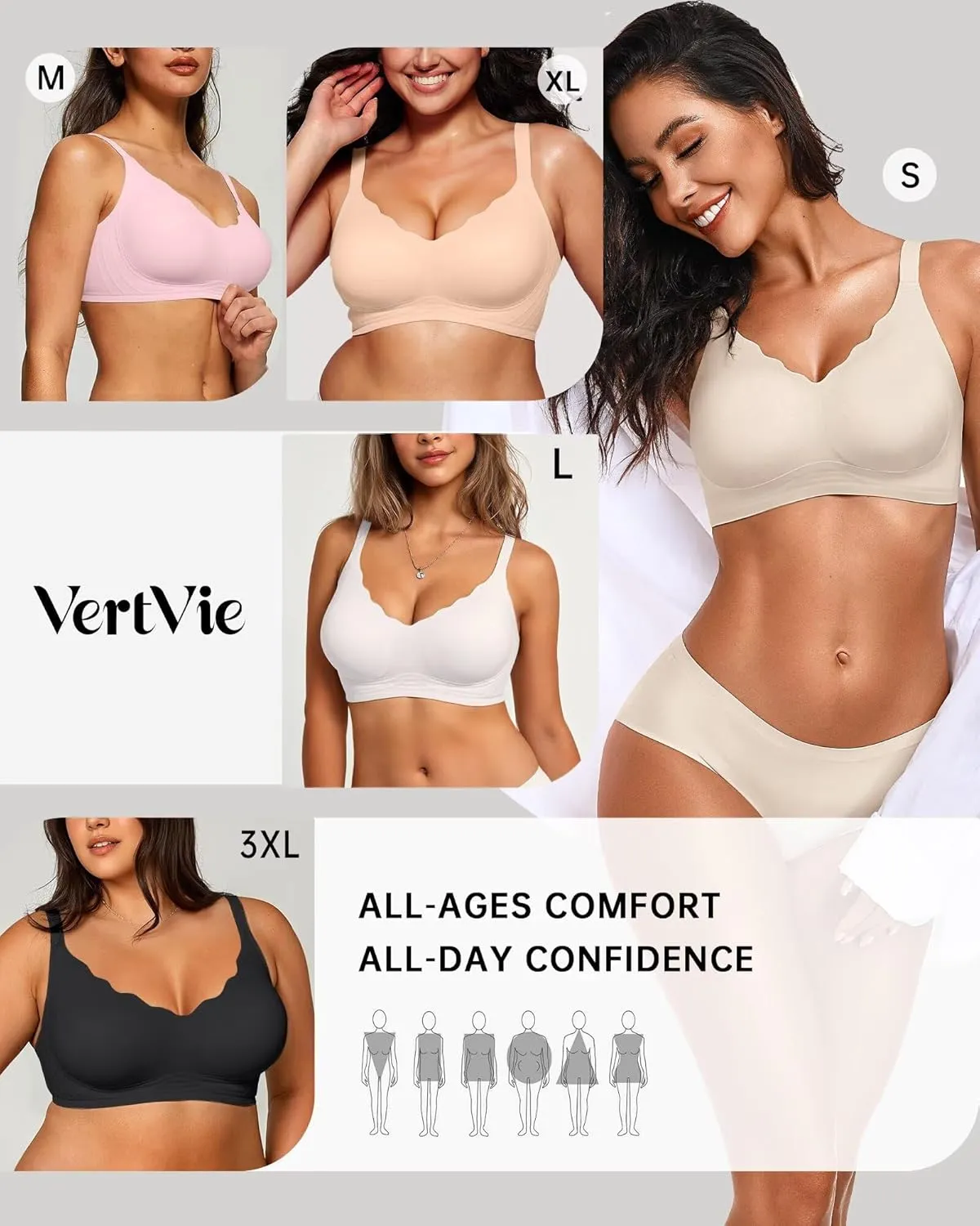 Vertvie Womens Seamless Bras No Underwire Supportive Wireless Push Up Full Coverage Bralette Comfort Scalloped T-Shirt Bra