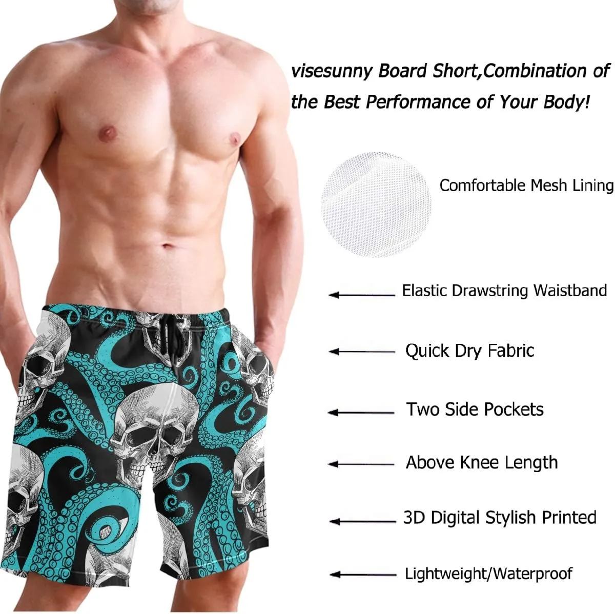 visesunny Men Swim Trunks Swimming Beach Surfing Board Shorts Swimwear Quick Dry Mesh Lining Bathing Suits with Pockets