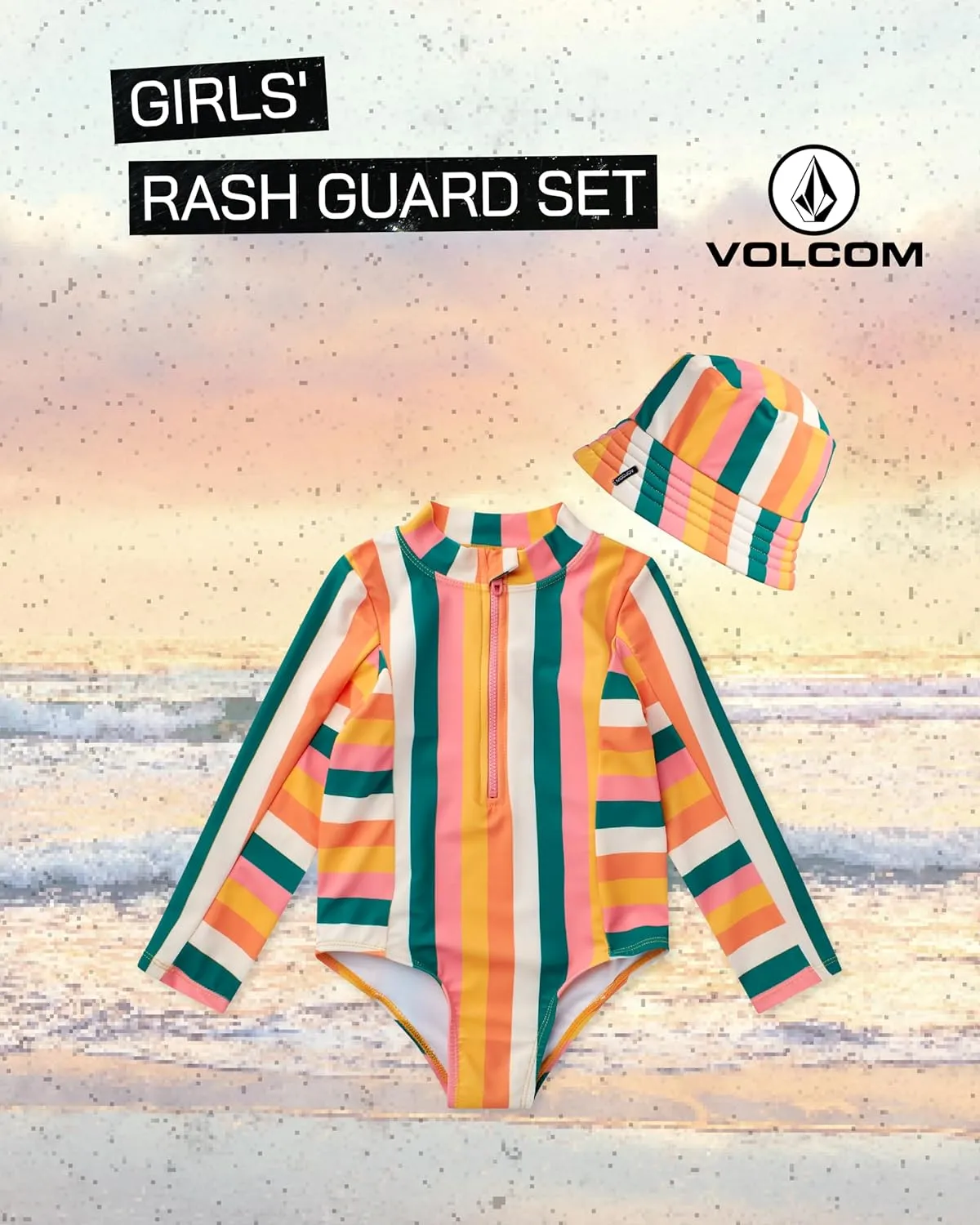 Volcom Baby Infant Toddler Girls Long Sleeve Swimsuit - 2 Piece UPF 50  One Piece Rashguard Bathing Suit with Hat