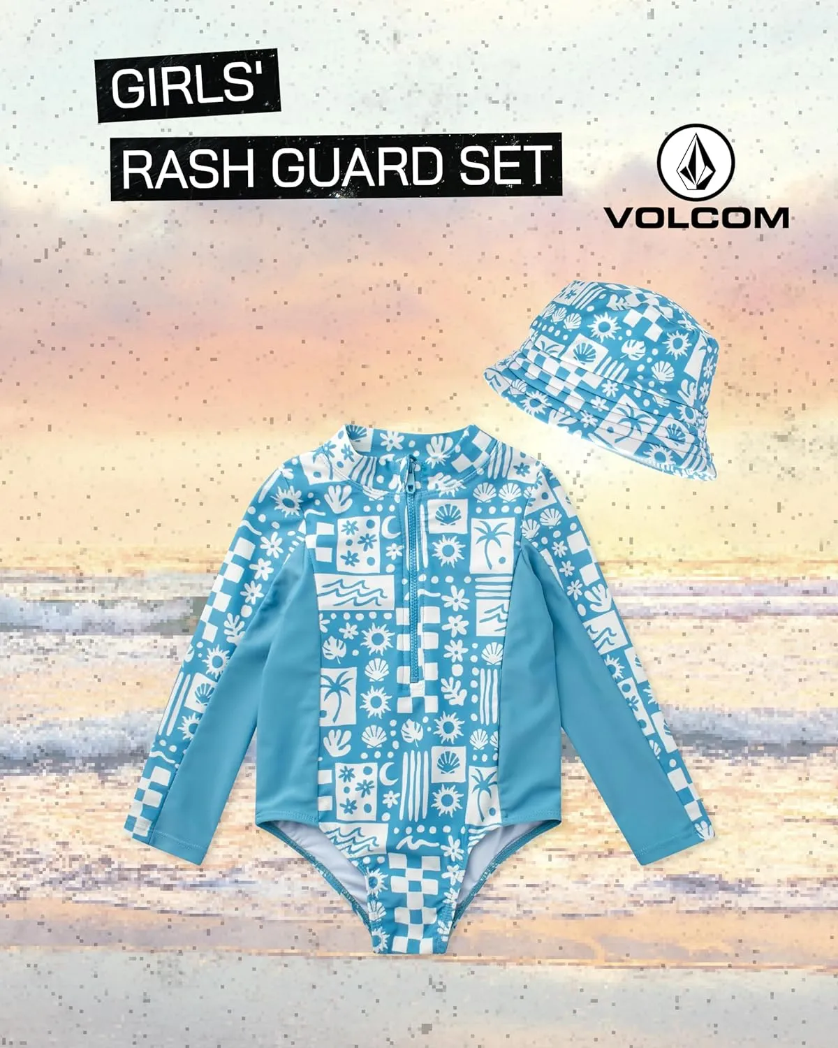 Volcom Baby Infant Toddler Girls Long Sleeve Swimsuit - 2 Piece UPF 50  One Piece Rashguard Bathing Suit with Hat