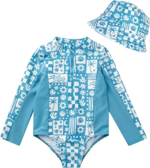 Volcom Baby Infant Toddler Girls Long Sleeve Swimsuit - 2 Piece UPF 50  One Piece Rashguard Bathing Suit with Hat