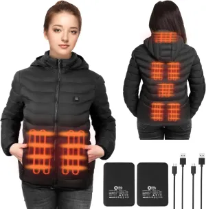 Womens heated jacket with 2pack 10000mAh Battery Pack, QTREE Lightweight Heated Coat with 8 Areas Heating