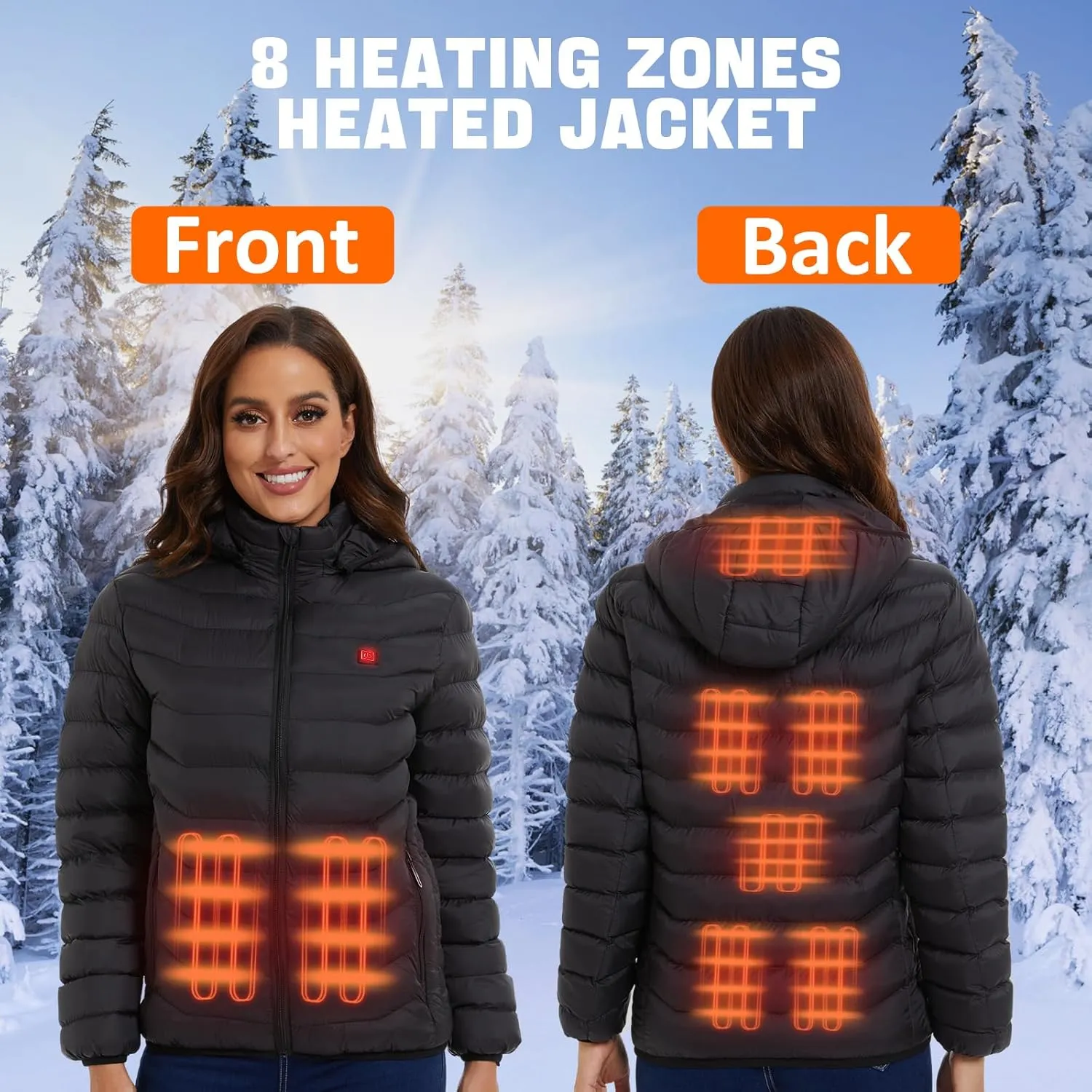 Womens heated jacket with 2pack 10000mAh Battery Pack, QTREE Lightweight Heated Coat with 8 Areas Heating