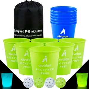 Yard Pong Outdoor Games, Glow in Dark Outdoor Yard Game for Adults and Family with 12 Buckets, 4 Balls, Giant Glow Backyard Games for Beach, Camping, Lawn