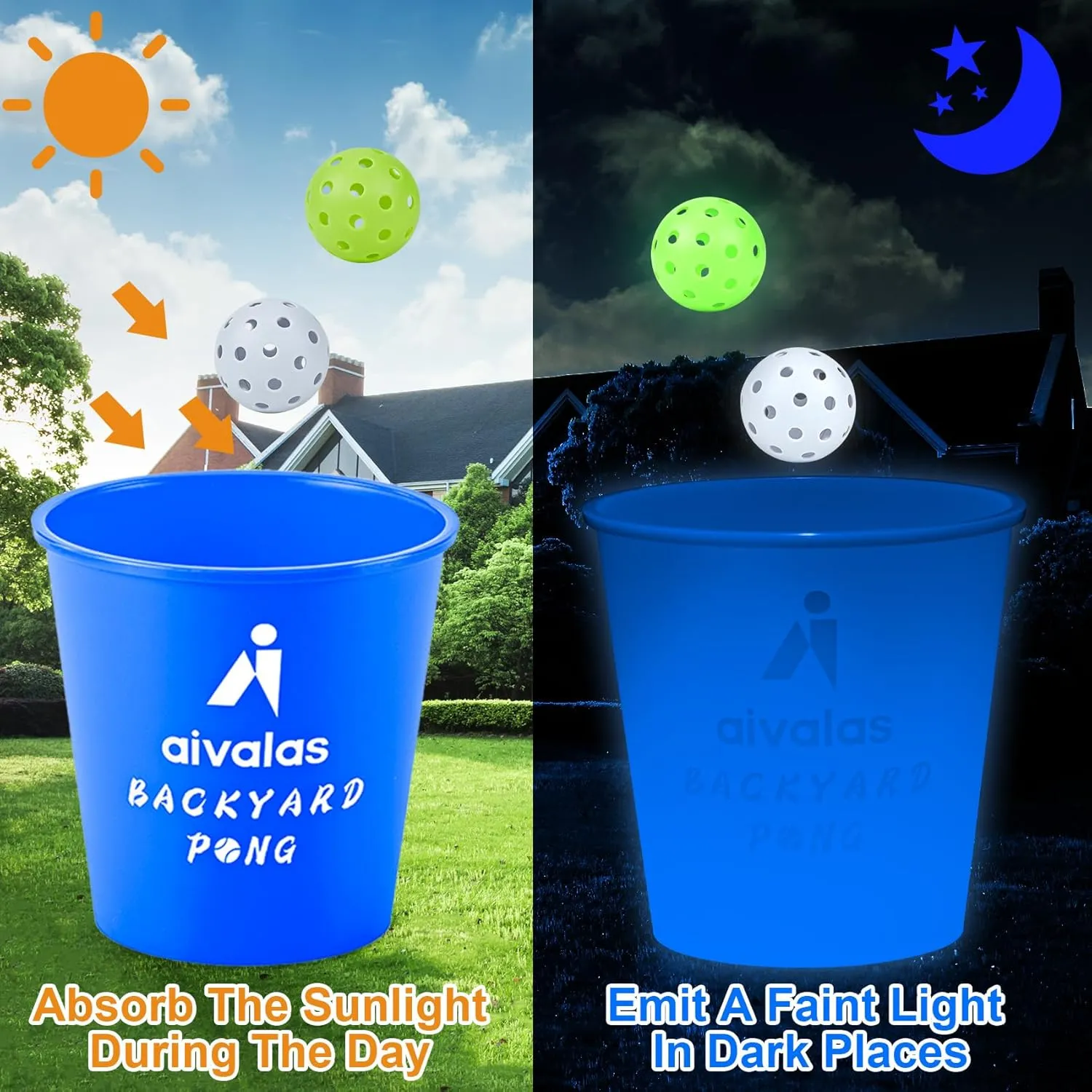 Yard Pong Outdoor Games, Glow in Dark Outdoor Yard Game for Adults and Family with 12 Buckets, 4 Balls, Giant Glow Backyard Games for Beach, Camping, Lawn