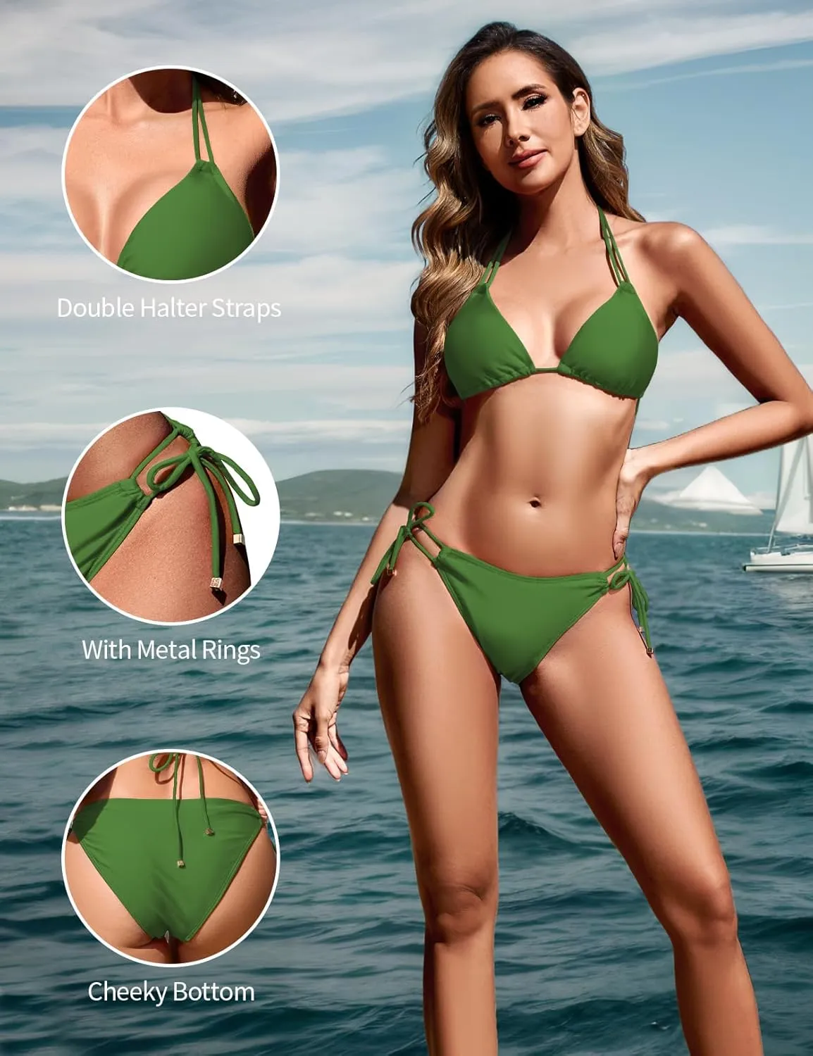 Zilcremo Women Two Piece Bikini Swimsuit Double Strap Cheeky Bathing Suit Halter String Bikini Sets